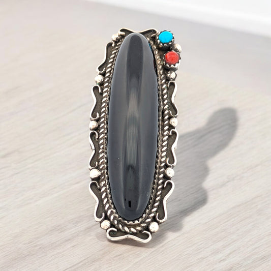 Armadillo Chasm | Handmade Ring with Extra Large Onyx, Turquoise, and Coral Cabochons by Navajo Artist Jason Yazzie