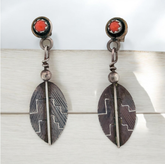 Riverboat Run | Vintage Handmade Earrings With Geometric Oval Accent And Coral Tops