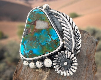 Broken Gulley | Hand Fabricated Sterling Silver Ring with Blue and Green Kingman Turquoise  - Size 10