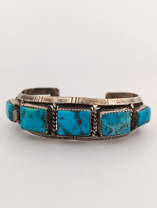 Miner's Strike | Vintage Sterling Silver Cuff Bracelet with Multiple Turquoise Cabochons