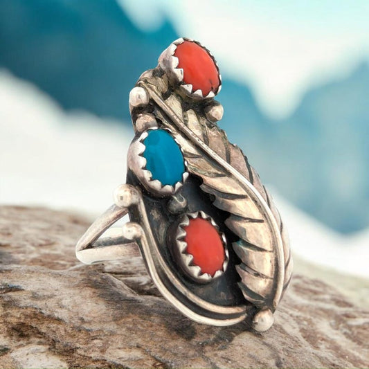 Saguaro Run | Vintage Handmade Sterling Silver, Turquoise, and Coral Ring with Central Leaf Motif, Size 4