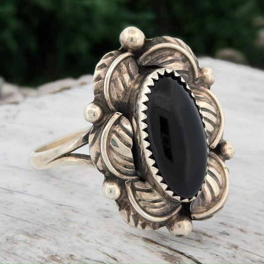 Prickly Pear Path | Vintage Signed Sterling Silver and Onyx Ring with Halo of Leaves, Stamped "B", Size 11