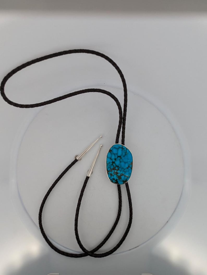 Raptor Ridge | Handmade Bolo Tie with Spiderweb Matrixed Bright Blue Turquoise