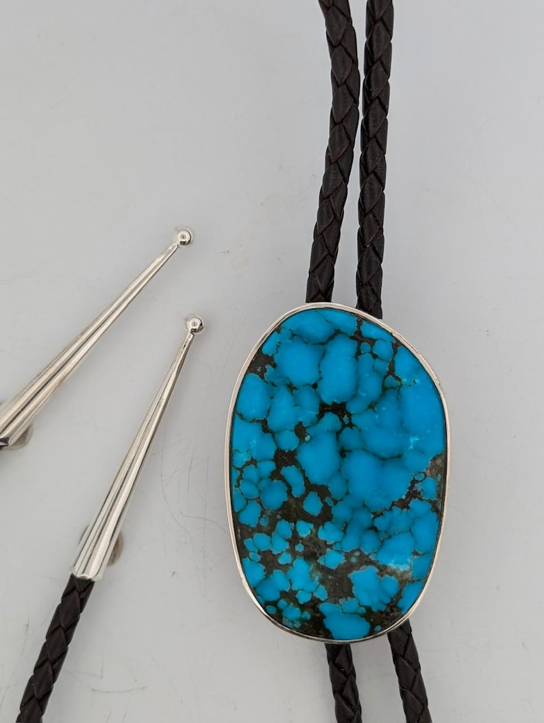 Raptor Ridge | Handmade Bolo Tie with Spiderweb Matrixed Bright Blue Turquoise