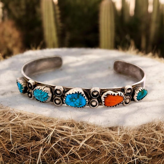 Arizona Ravine | Vintage Sterling Silver Cuff Bracelet with Bezel Set Turquoise and Coral Stones