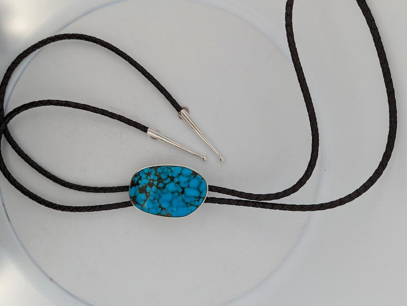 Raptor Ridge | Handmade Bolo Tie with Spiderweb Matrixed Bright Blue Turquoise