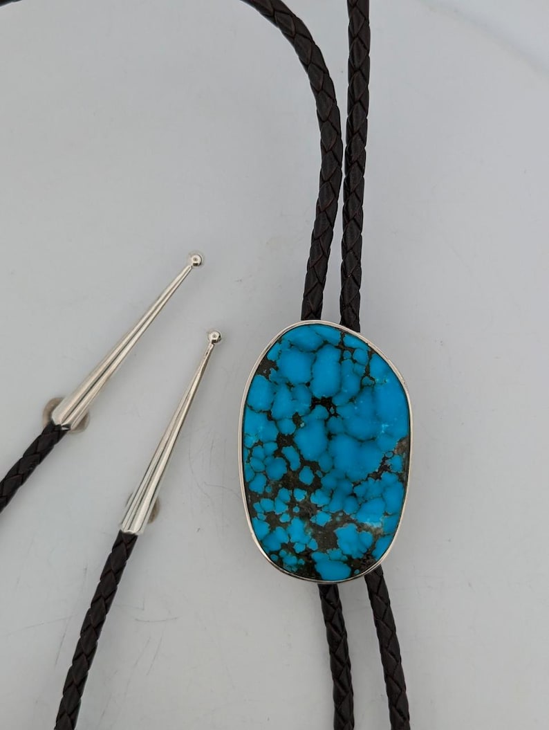 Raptor Ridge | Handmade Bolo Tie with Spiderweb Matrixed Bright Blue Turquoise