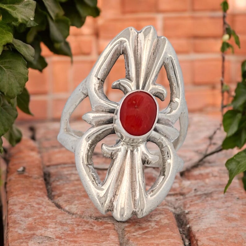 Coral Falls | New Native American handmade sterling silver and coral sandcast ring by Navajo artist Vanessa Kee