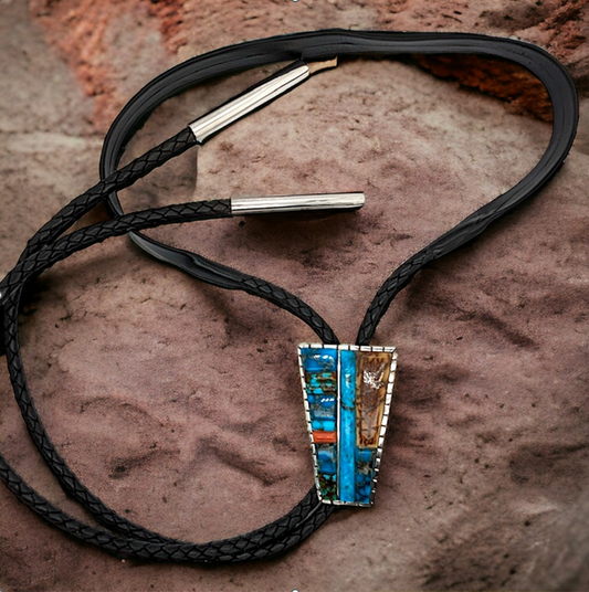 Cactus Flats | Rob Sherman Handcrafted Bolo Tie with Kingman Turquoise, Coral, & Mammoth Bark