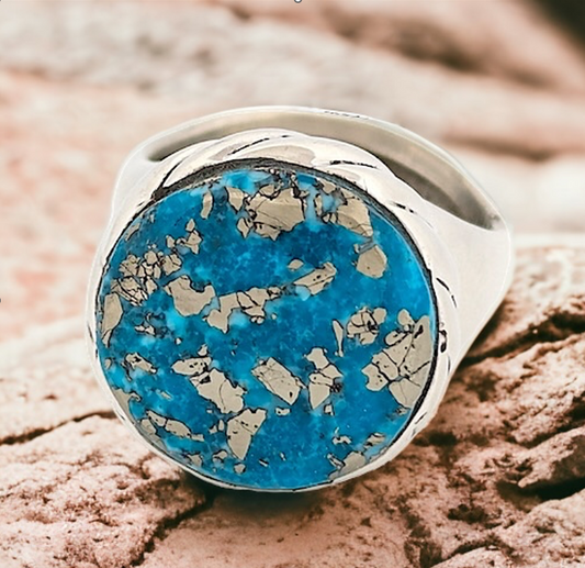 Horseshoe Pass | Sterling Silver & Kingman Turquoise with Pyrite Matrix - Size 5