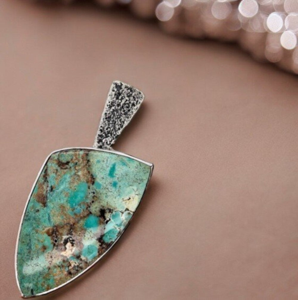 Broken Arrow | Handcrafted Sterling Silver Pendant with Tufa Cast Bail and Green Turquoise
