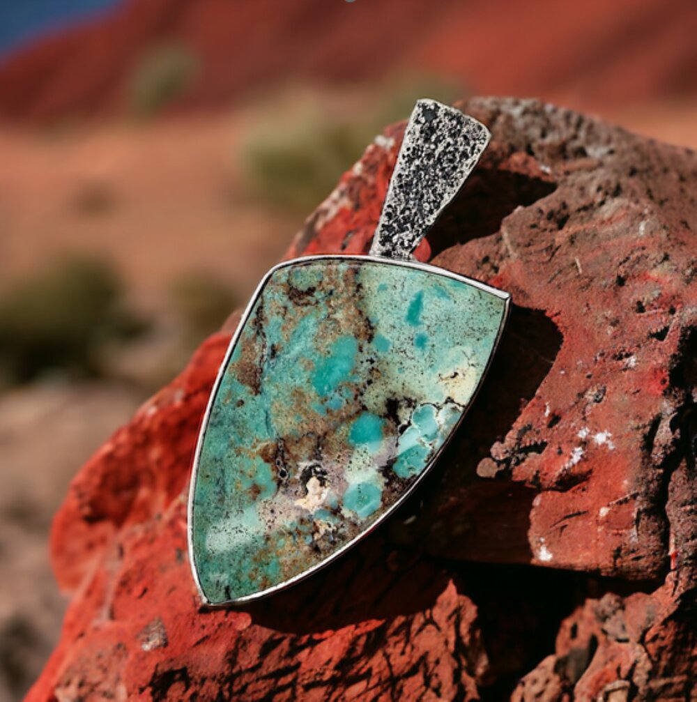 Broken Arrow | Handcrafted Sterling Silver Pendant with Tufa Cast Bail and Green Turquoise