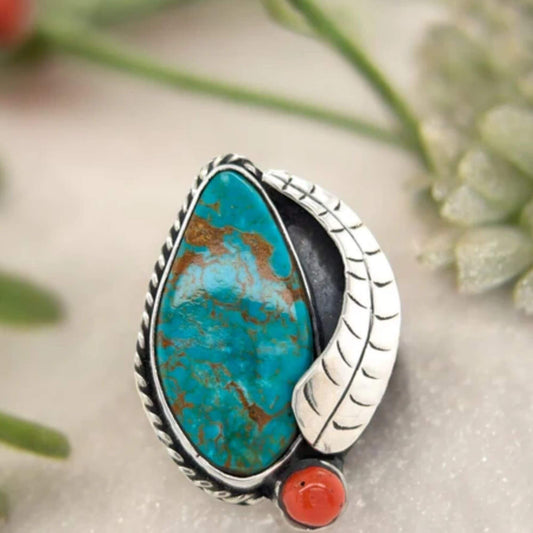 Skull Valley | Handmade Turquoise Ring with Coral Accent - Size 8