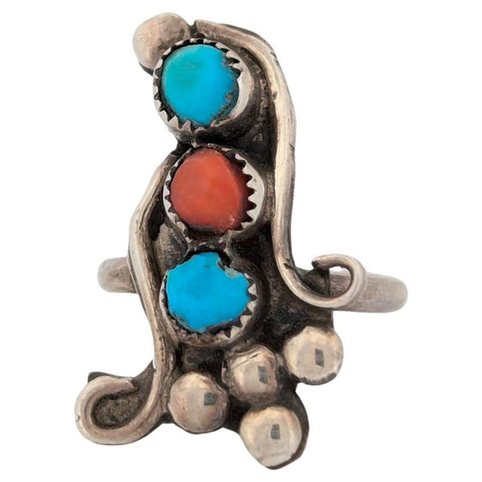 Dust Devil Straights - Vintage Sterling Silver Ring with Turquoise and Coral, Size 4