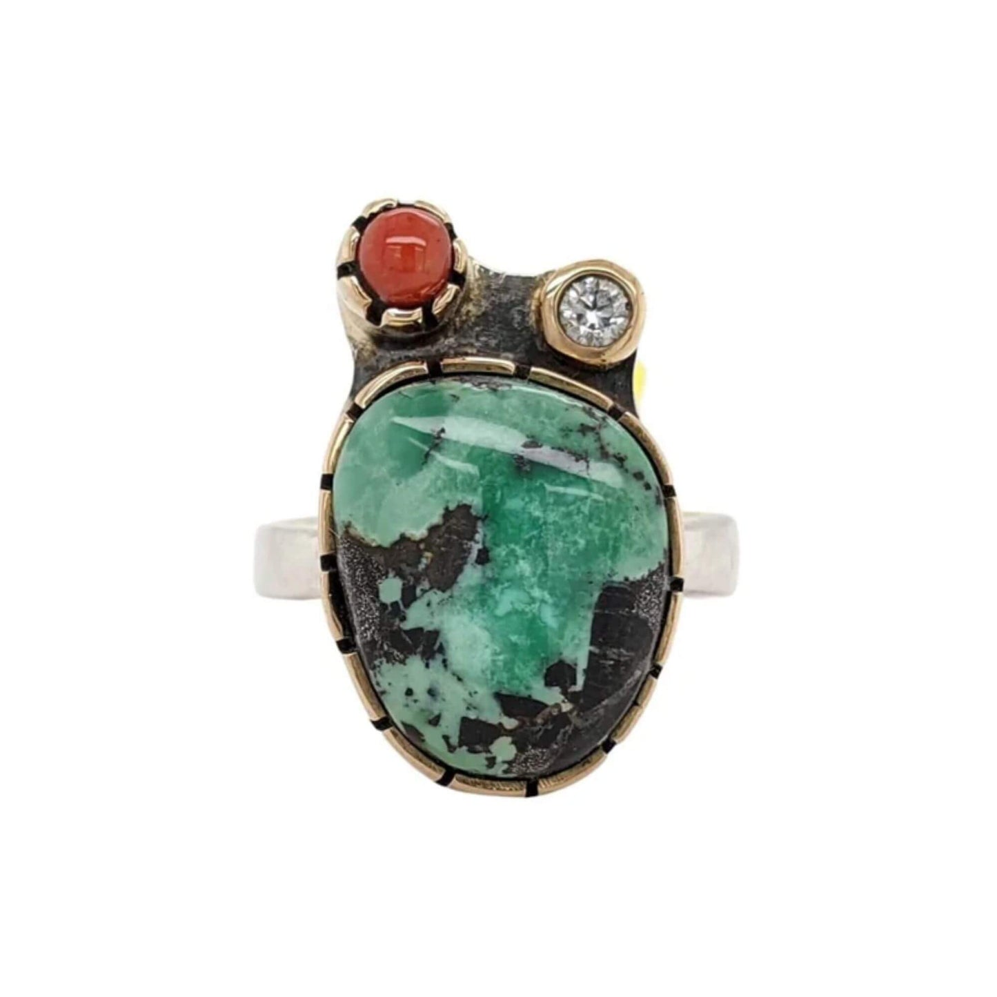 Statement ring featuring a cabochon variscite gemstone in shades of green with a diamond and Mediterranean red stone accent.