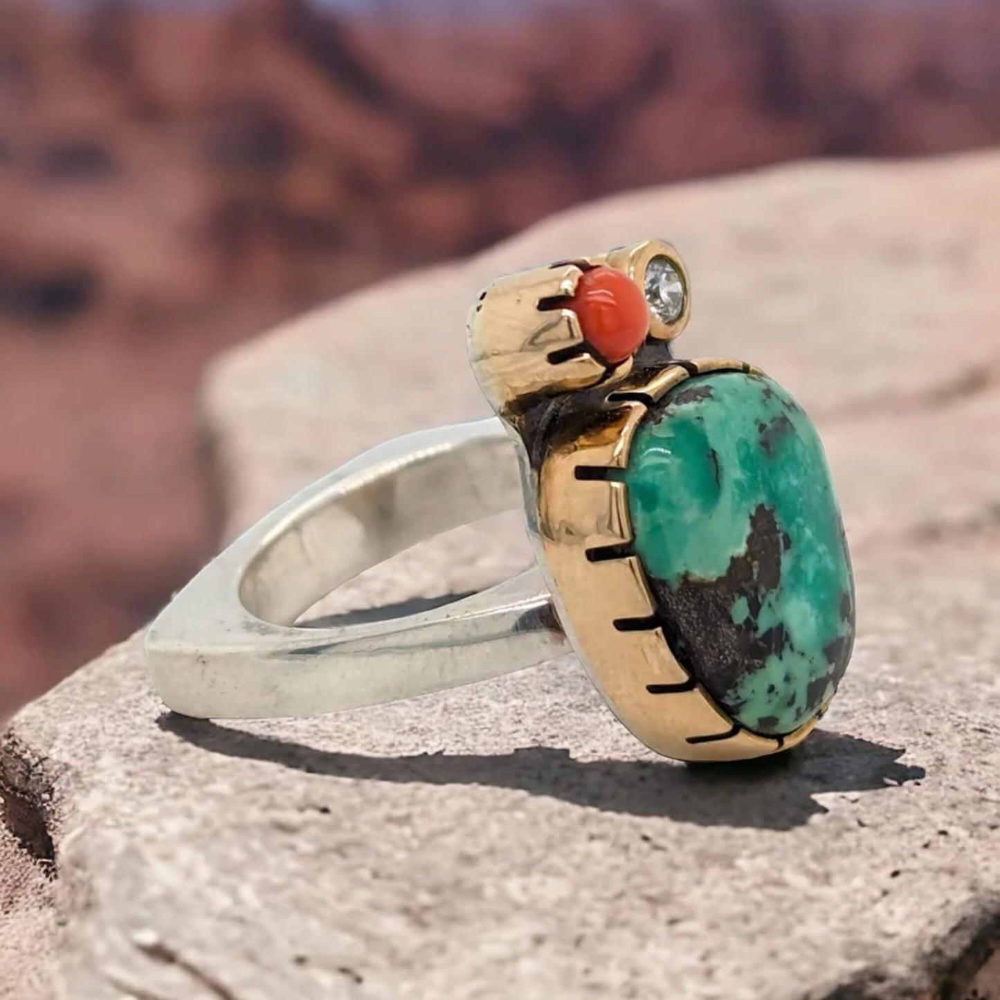 The Desert Rose | One of a Kind 14k Yellow Gold and Sterling Silver Diamond and Poseidon Variscite Ring - Size 7