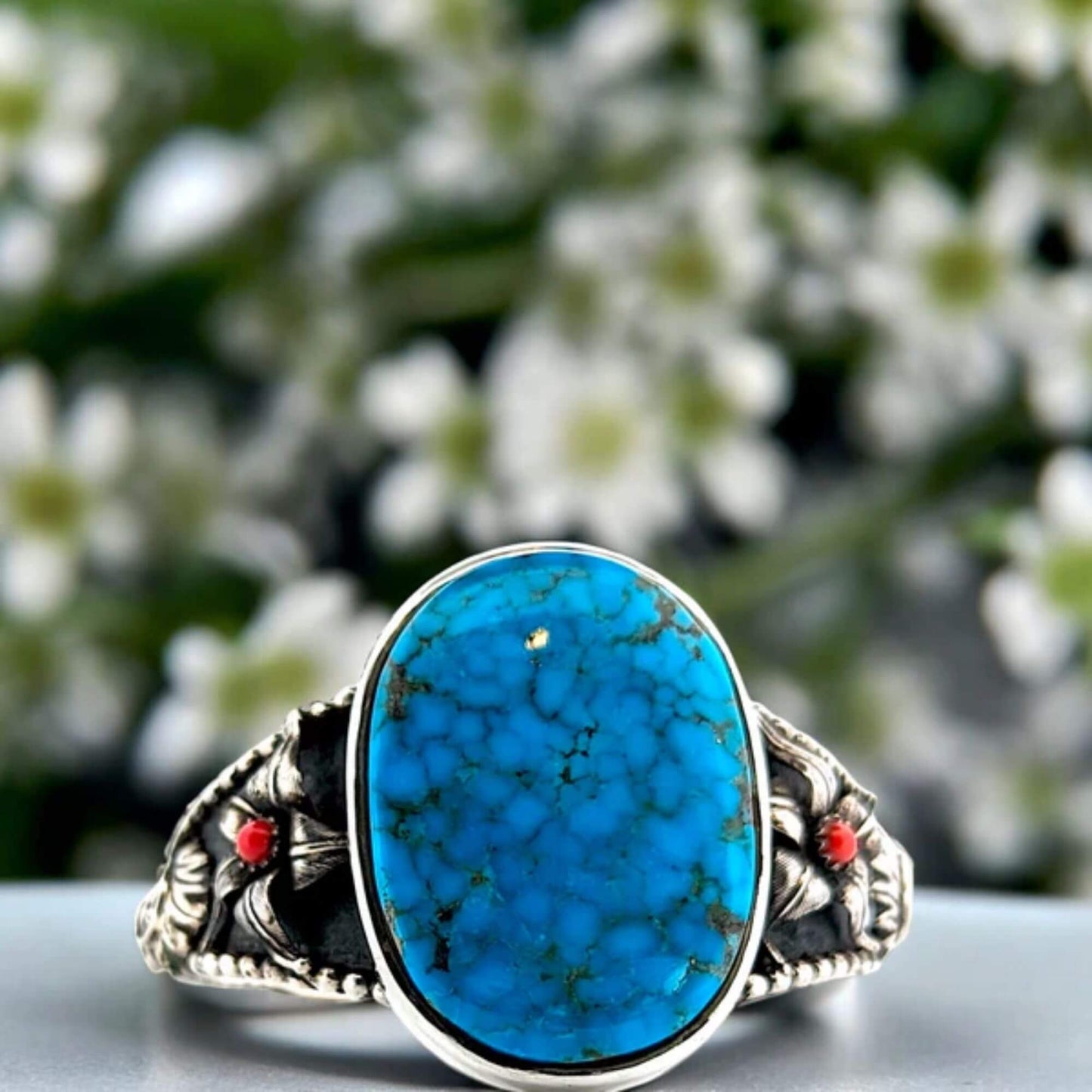 Dusty Chapel | Southwestern Sterling Silver Cuff bracelet with Kingman Turquoise and Coral