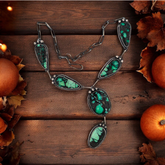 Desert Row | Handmade Lariat Necklace by Rob Sherman - Sterling Silver Chain with Hand-Cut Variscite Cabochons and Satin Finish